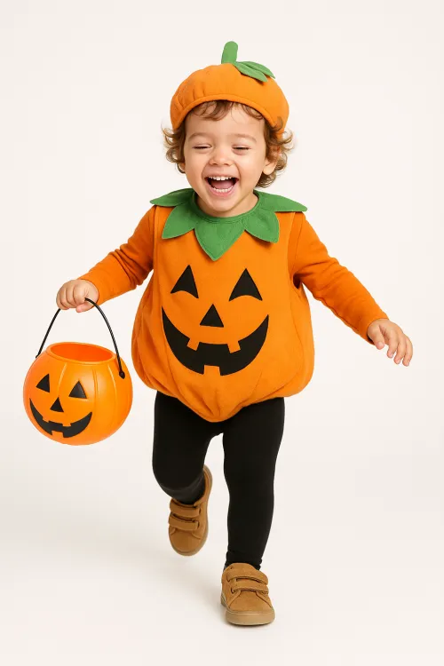 Disfraz de calabaza para Halloween en un niño feliz