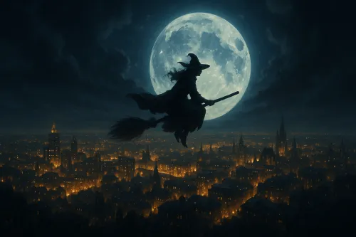 Силуэт ведьмы на метле с огромной луной на фоне ночного города