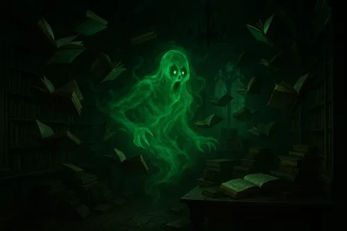 Зеленый призрак в библиотеке с летающими книгами.