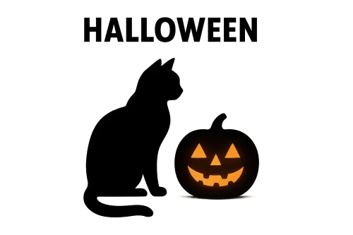 Кошка сидит рядом с улыбающейся тыквой на фоне Хэллоуина