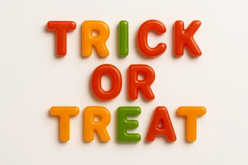 Цветные буквы формируют фразу 'Trick or Treat' на фоне светлого цвета