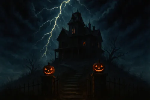 Dark House on a Hill with Pumpkins and Lightning in the Sky
