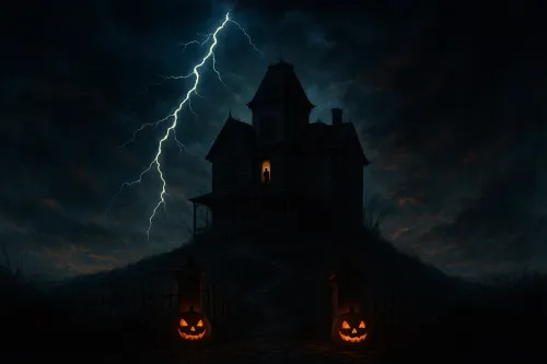 Casa oscura con una ventana iluminada, rodeada de calabazas