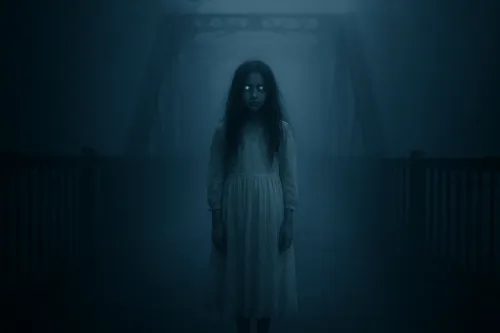 Escena inquietante con una niña en un vestido blanco sobre un puente nebuloso