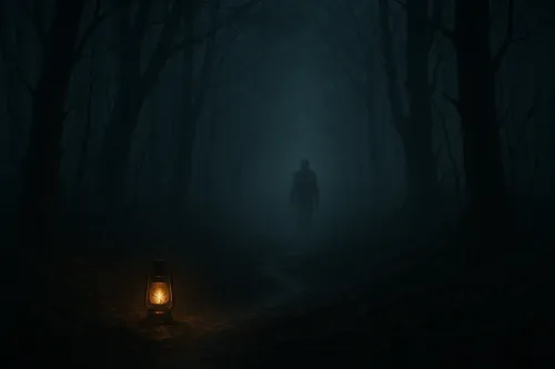 Bosque oscuro con un hombre solitario y una linterna brillante
