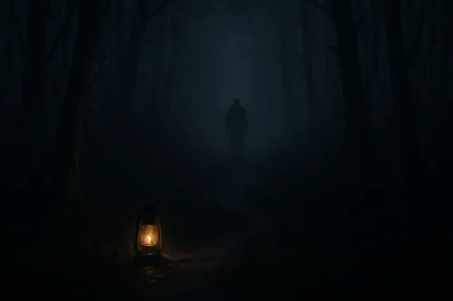 Bosque abandonado con una linterna y la silueta de una persona en la niebla