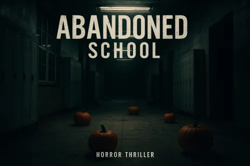 Крупный план заброшенной школы с тыквами и lockers