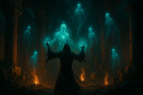 A mage summoning spirits with blue light in a dark room
