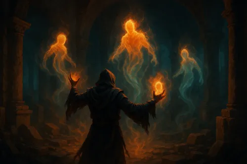 Magical spirits and sorcerer in an ancient underground