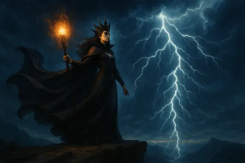 Figure of a woman in a black cloak with a fiery wand against a stormy background