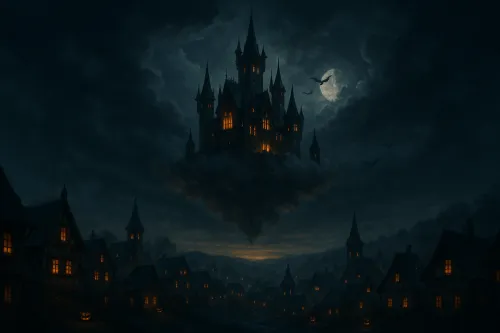 Castillo mágico flotando entre nubes bajo la luna llena