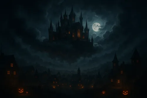 Dark castle with sharp spires, surrounded by clouds and the moon
