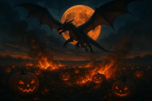 A dragon flies over a pumpkin field with fire in the night sky