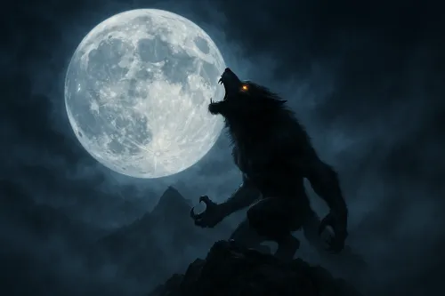 Silueta de un lobo aullando a la luna llena en un paisaje boscoso oscuro
