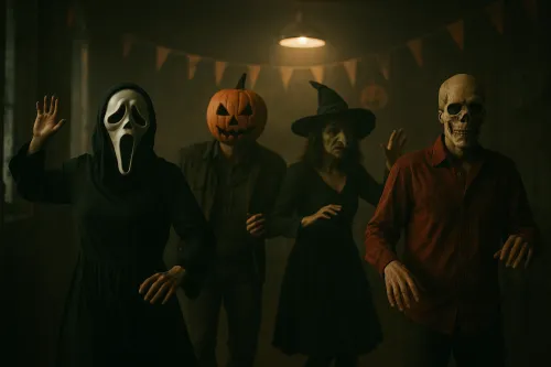 Cuatro personas en aterradores disfraces de Halloween