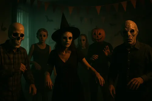 Grupo de personas con máscaras y disfraces en una celebración de Halloween