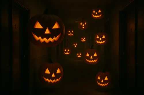Captured pumpkins with faces, illuminated in a dark corridor
