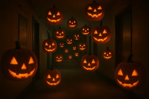 Glowing pumpkins with faces hanging in a dark corridor