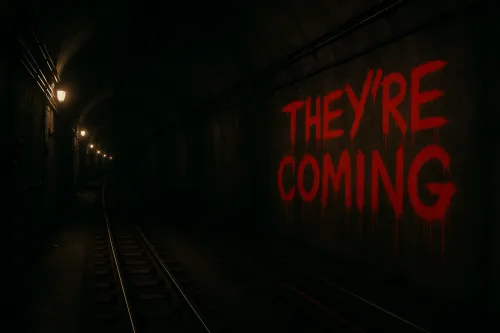 Наклейка с надписью 'They're coming' в темном железнодорожном туннеле