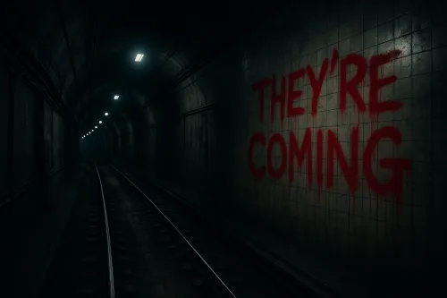 Темный туннель с рельсами и красной надписью 'They’re coming' на стене