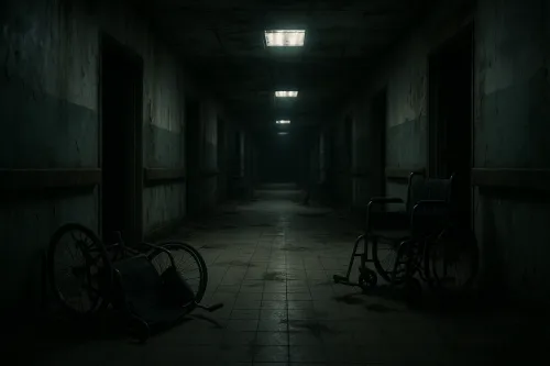 Abandoned corridor with wheelchairs and a dark background