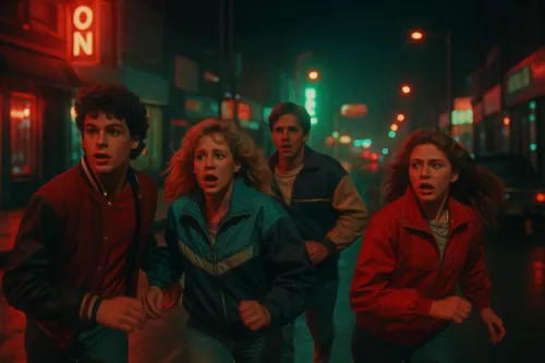 A group of teenagers hurrying down a nighttime street surrounded by neon lights