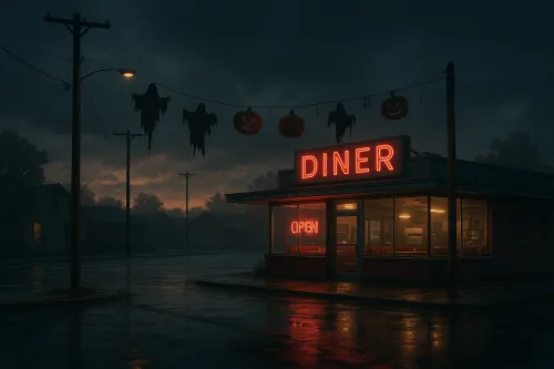 Vista nocturna de un restaurante al aire libre con luces y decoraciones de Halloween