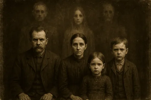 Fotografía familiar en blanco y negro con imágenes borrosas de fondo