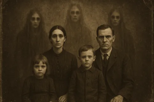 Antique black-and-white family portrait with ghosts in the background