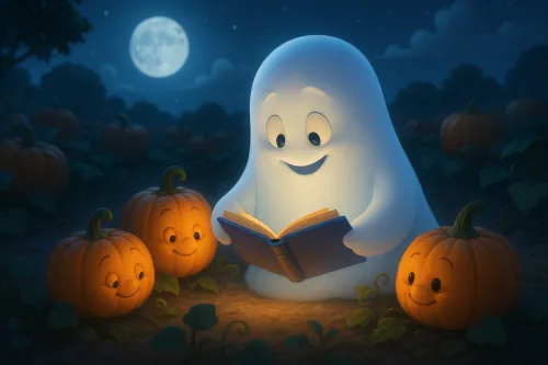 El fantasma cuenta historias a las calabazas bajo la luz de la luna