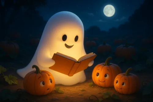 Un fantasma con un libro lee a dos calabazas sonrientes en un bosque nocturno