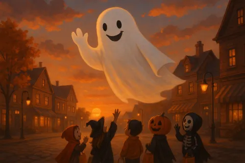Halloween scene with children in costumes and a ghost against a sunset background