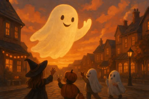 Niños disfrazados celebran Halloween con un fantasma al atardecer