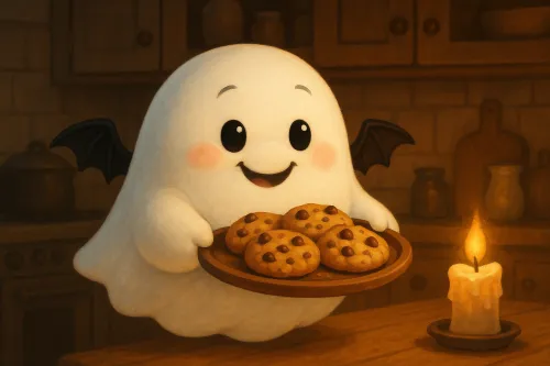 Cute ghost with cookies on a tray in the kitchen