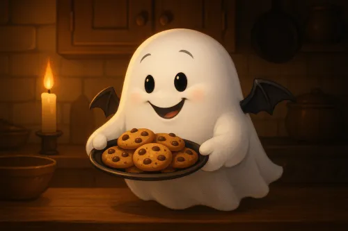 Fantasma con alas sosteniendo un plato de galletas en una cálida cocina