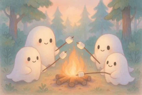 Cuatro fantasmas amigables asan malvaviscos frente al fuego en el bosque