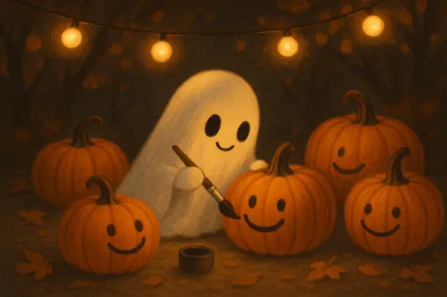 Un adorable fantasma pintando calabazas sonrientes en un bosque oscuro