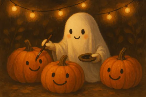 Friendly ghost painting smiles on pumpkins in a cozy atmosphere