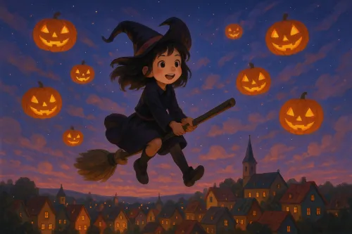 Pequeña bruja volando en una escoba entre calabazas en el cielo nocturno
