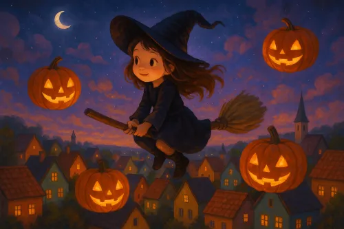 Pequeña bruja volando en la escoba entre calabazas luminosas