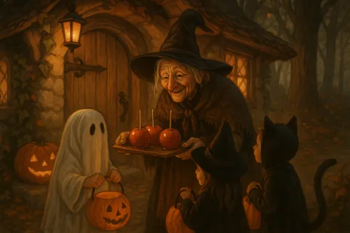 La buena bruja ofrece dulces a los niños en la fiesta de Halloween