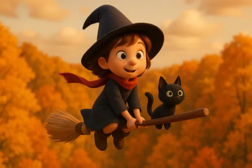 Imagen animada de una niña-bruja volando en una escoba con un gato negro