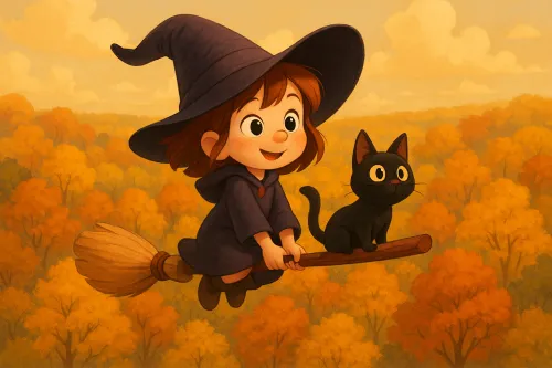 A witch girl with a cat flying on a broom over an autumn forest