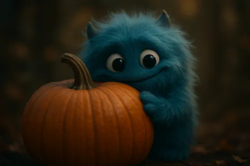 Charming blue monster hugging a pumpkin in an autumn forest