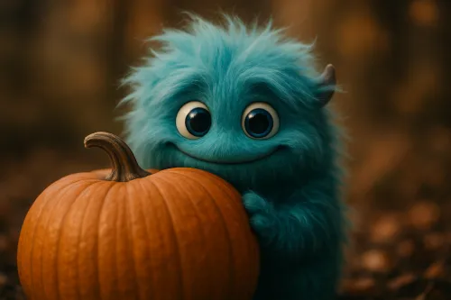 Monstruo azul y peludo abraza una calabaza en un bosque otoñal