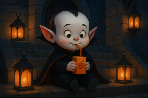 Cute little vampire drinks juice in a dark castle