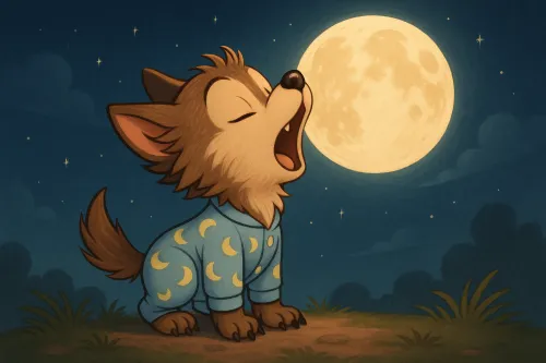 El adorable cachorro de lobo en pijama canta bajo la luz de la luna
