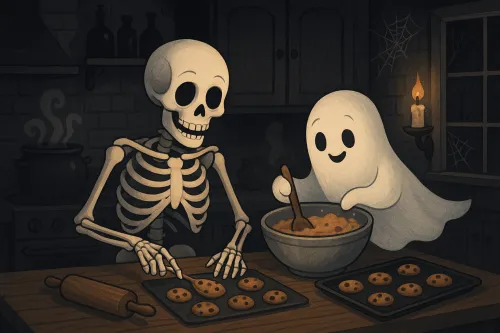 Escena inusual con un esqueleto y un fantasma horneando galletas en la cocina