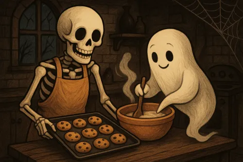 Esqueleto con delantal y fantasma hornean galletas en una antigua cocina