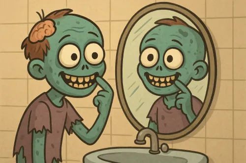 Un zombi de dibujos animados se mira a sí mismo en el espejo con una sonrisa